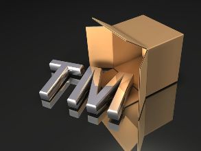 Upended cardboard box with a metal TM tipped out