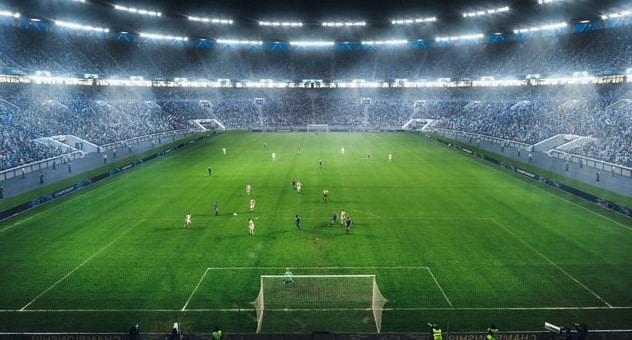 high-angle shot of full football stadium during a match