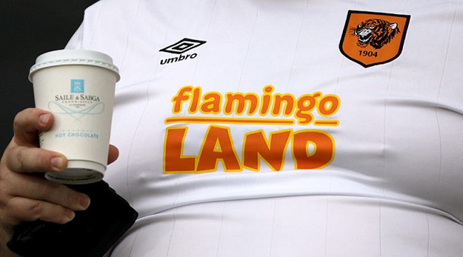 Flamingo Land logo on the front of Hull City fan's replica football shirt