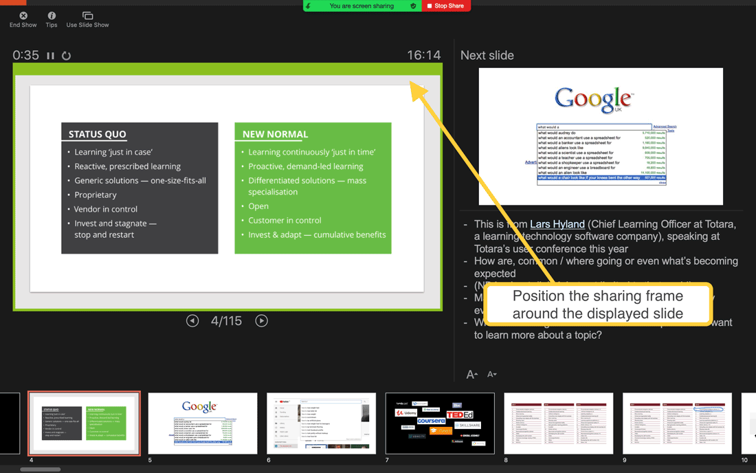 PowerPoint presenter view using Zoom's portion of screen. Full description below, under summary field labelled 'Open description of image'