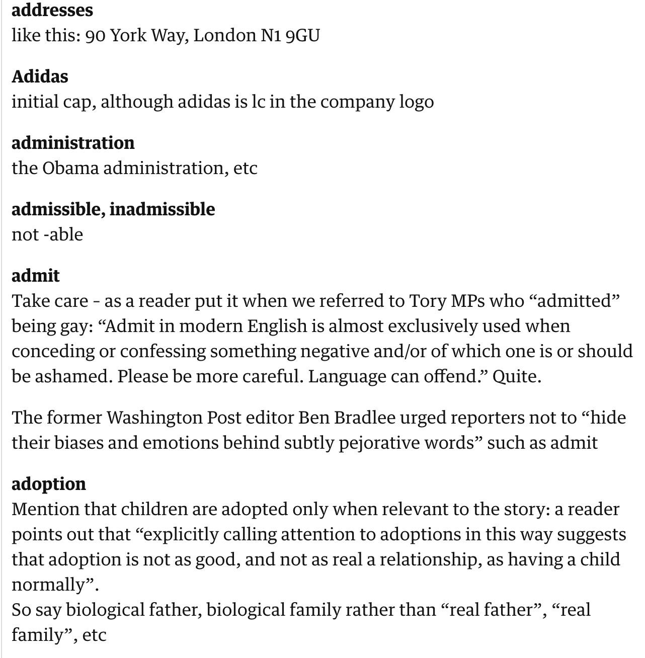 Guardian style guide extract. Full transcript below under summary field labelled 'Open transcript of image'