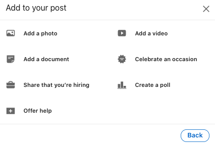 LinkedIn post options. Full description below, under summary field labelled 'Open image description'