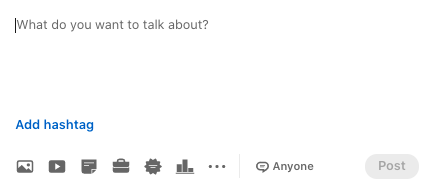 Empty LinkedIn post field with cursor and the prompt text 'What do you want to talk about?' plus 'Add hashtag' button