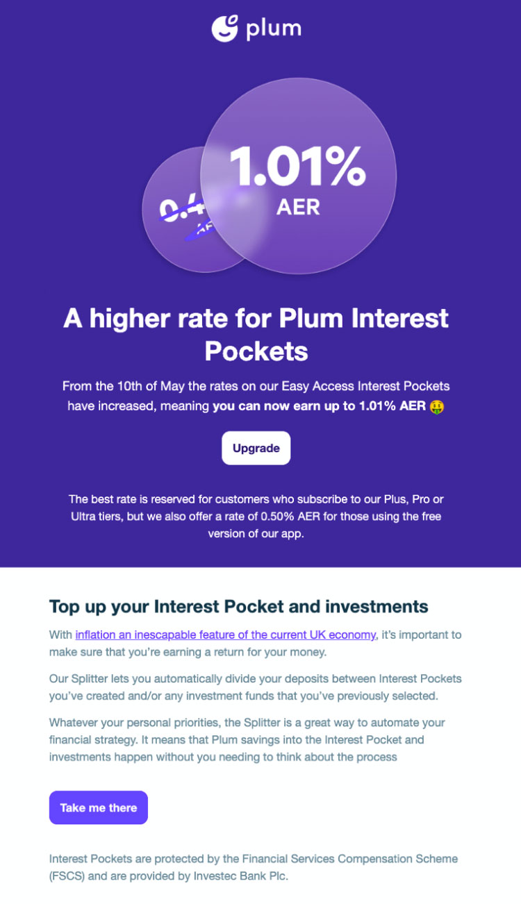 Plum email with two CTA buttons: a white button on purple background and later a purple button on white background.