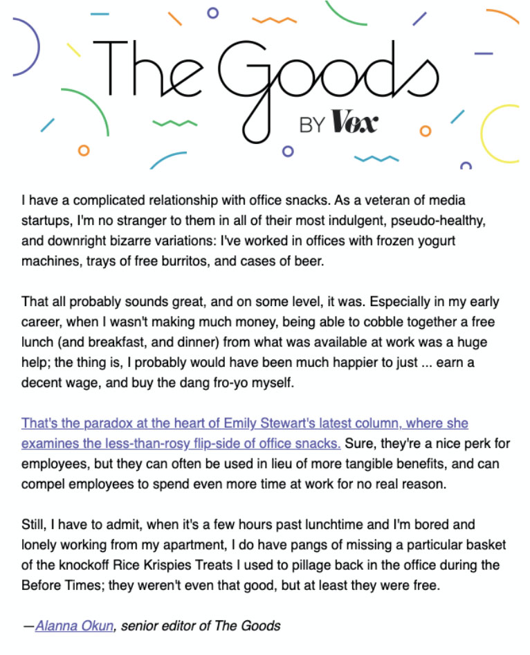 The Goods email excerpt. Full description and transcript below, under summary field labelled 'Open image description and transcript'.