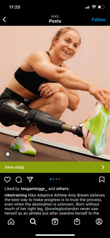 A Nike Instagram post about adaptive athlete Amy Bream aka @onelegtostandon