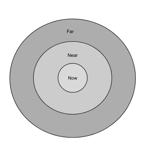 A small circle labelled 'Now' inside a larger circle labelled 'Near' inside a larger circle labelled 'Far'
