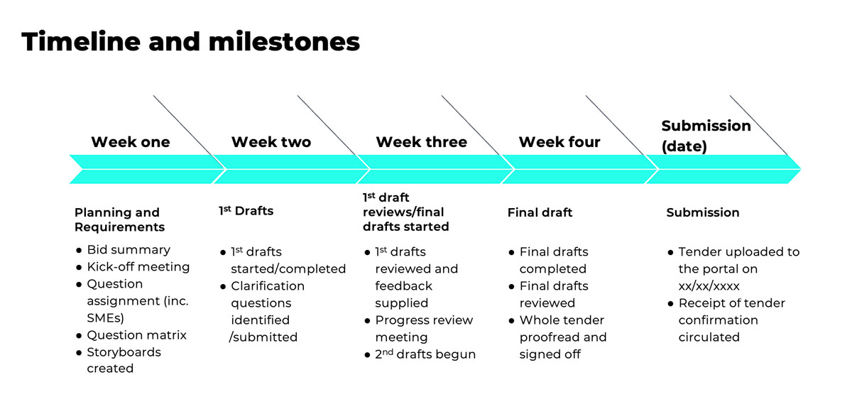 Example timeline listing project milestones across four weeks from kick-off meeting to submission