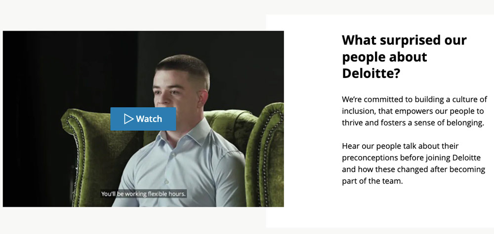 A video on the Deloitte content hub with accompanying text under the heading 'What surprised our people about Deloitte?'