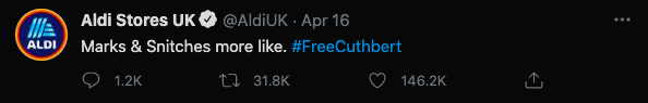 Aldi #freecuthbert tweet, two of three. Transcription below
