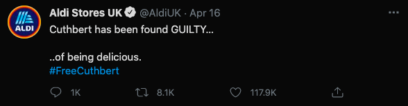 Aldi #freecuthbert tweet, three of three. Transcription below