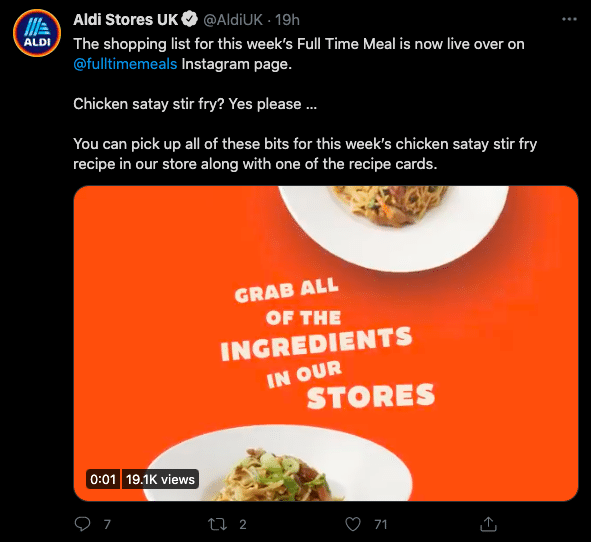 Aldi chicken satay tweet. Transcript below under summary field labelled 'open transcript of image'