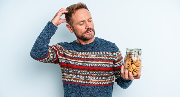 A man in a blue and red top holding a cookie jar. He's scratching his head with one hand - as if contemplating eating the cookies.