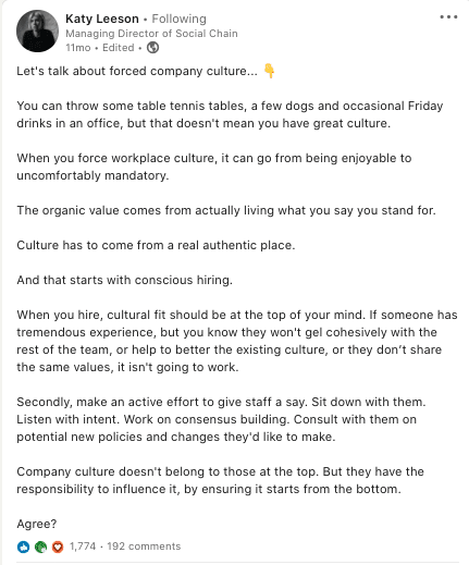 Linkedin post from katy leeson – full description and transcript below under summary field labelled 'open image description and transcript'