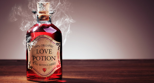 Steaming red liquid in a bottle labelled 'Love Potion'.