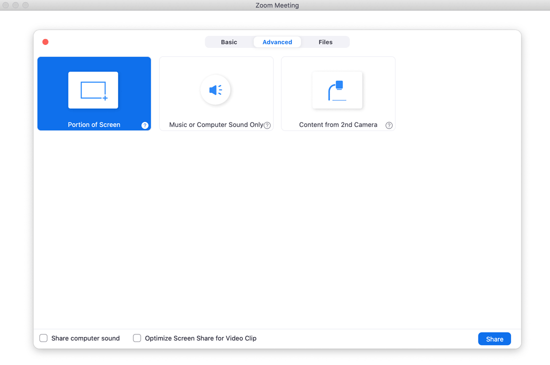 Screensharing options in zoom. Full description below, under summary field labelled 'open description of image'