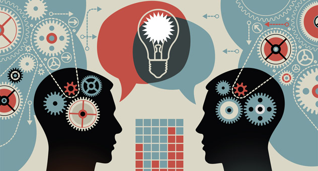 Illustration of two people thinking and speaking - with gear, lightbulb, speech bubbles and other icons to indicate a technical conversation.