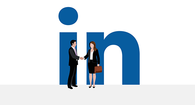 Two people shaking hands in front of the LinkedIn logo