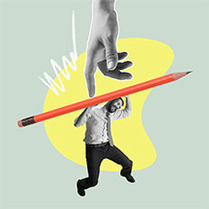Man in business wear struggles to lift an enormous pencil above his head as a giant hand comes down to collect it.