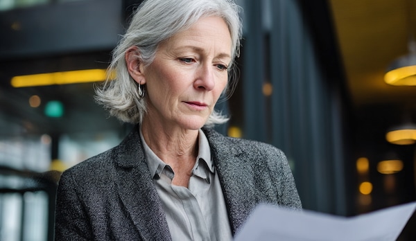 Grey-haired female exec reads doc. Modern office behind her.