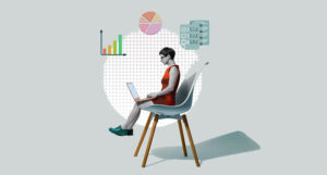 Person with cropped hair and short dress sits on oversized office chair with laptop. Images of several charts float overhead.