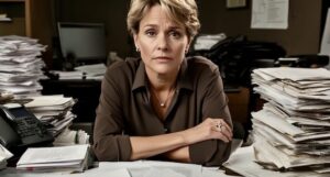 A woman in her forties sits at a desk, with stacks of paperwork on her either side. She looks directly into the camera with a frustrated expression.