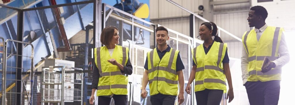 Staff wearing reflective vests in an industrial interior
