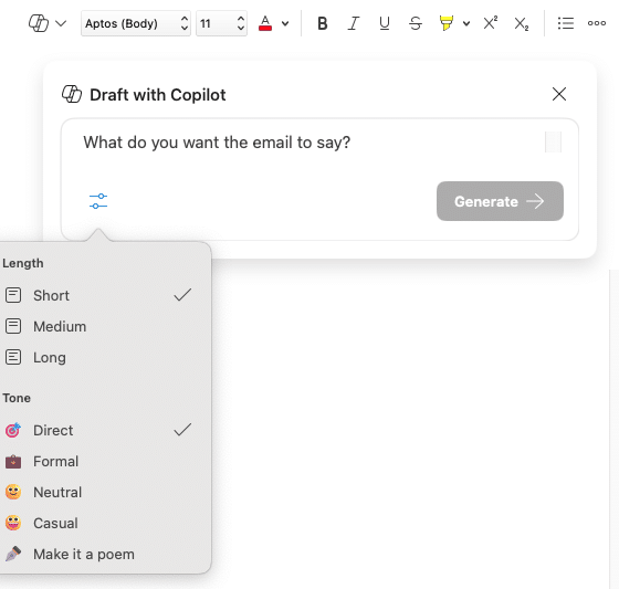Text box labelled 'draft with copilot'. Dropdown menu offers tone options: 'direct', 'formal', 'neutral', 'casual' and 'make it a poem'