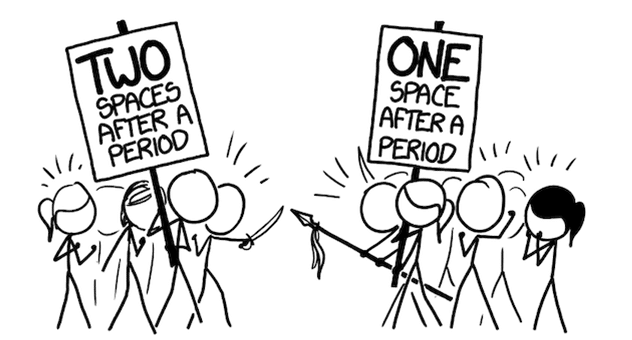 xkcd comic showing two groups of stick figures in battle; one side holds a sign saying 'Two spaces after a period', the other saying 'One space after a period'.